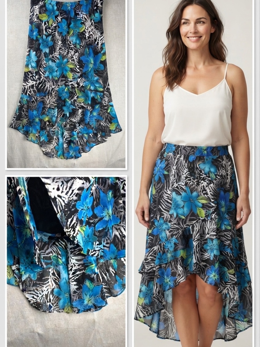 Chicos 3 Blue Floral Skirt Lined Hi Lo Ruffle Tropical Black Zebra Flouncy XL